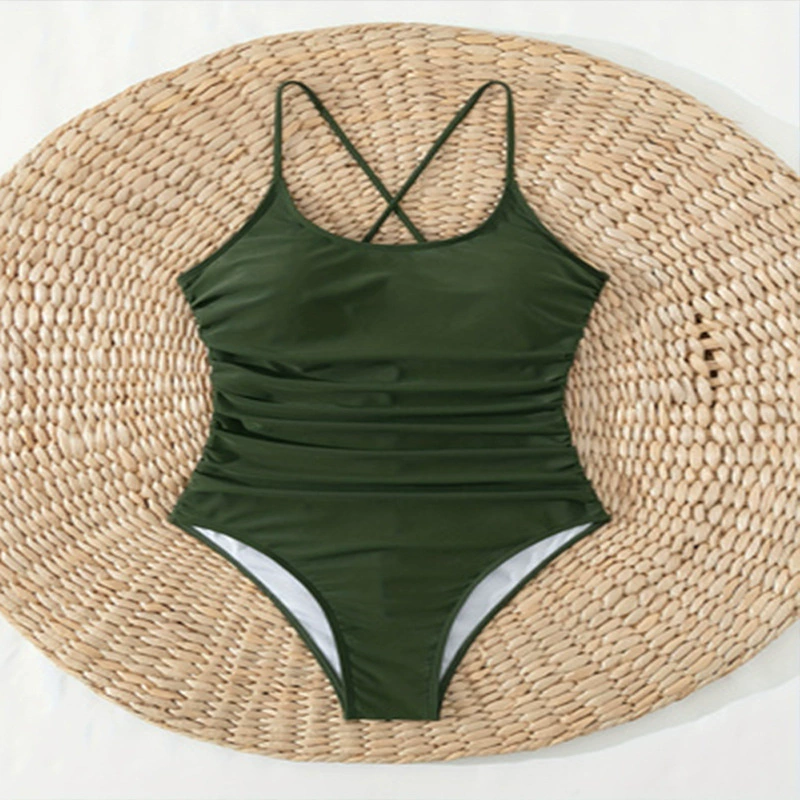 Women’s Cross-Back Ruched Spaghetti Strap One-Piece Swimsuit