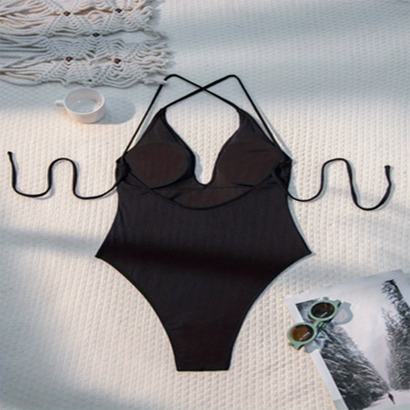 Women's Plunge V Neck Halter Open Back One Piece Swimsuit view 3