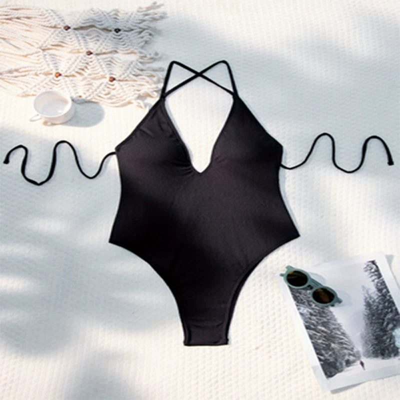 Women's Plunge V Neck Halter Open Back One Piece Swimsuit view 6