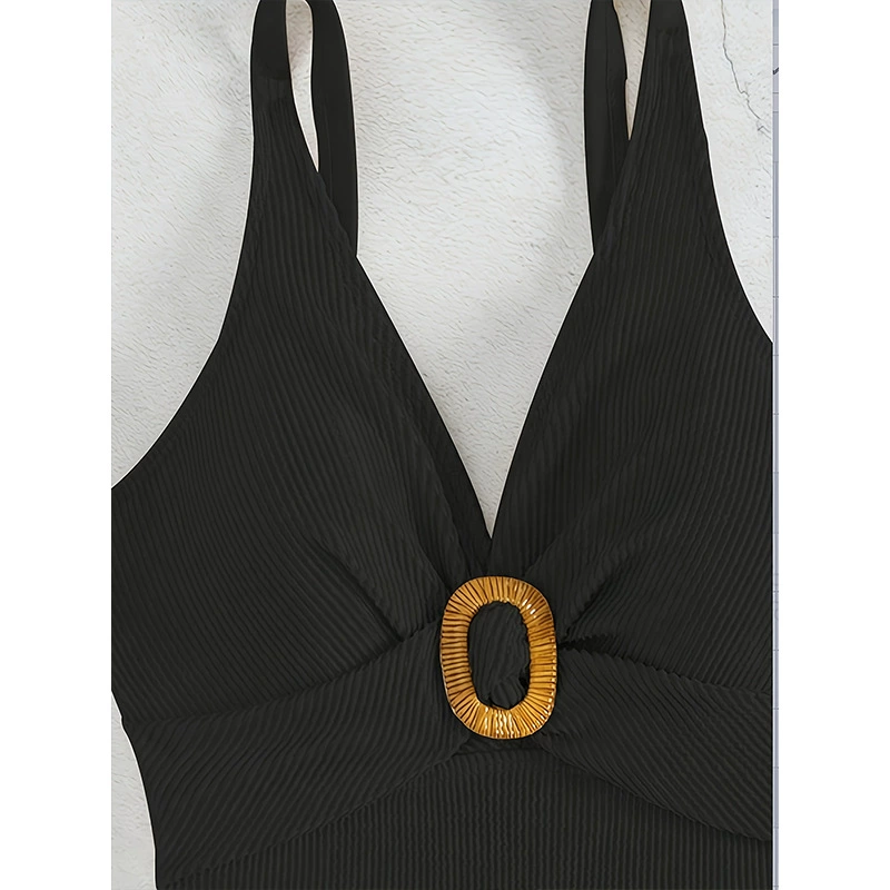 Women’s Deep V-Neck One-Piece Swimsuit with Oval Ring Detail