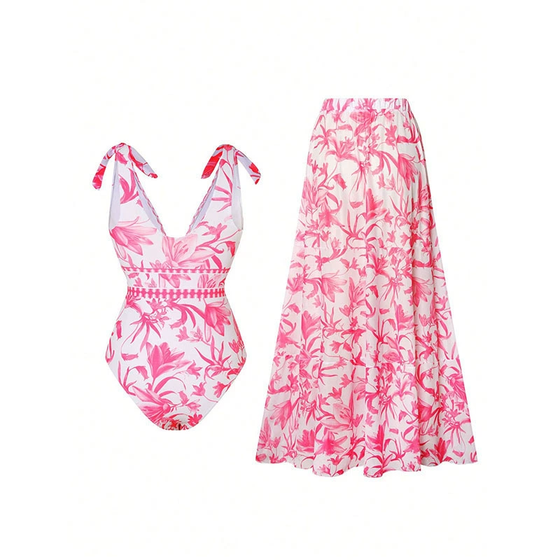 Women's V-Neck Tie-Strap One-Piece Swimsuit and Maxi Skirt Set view 3