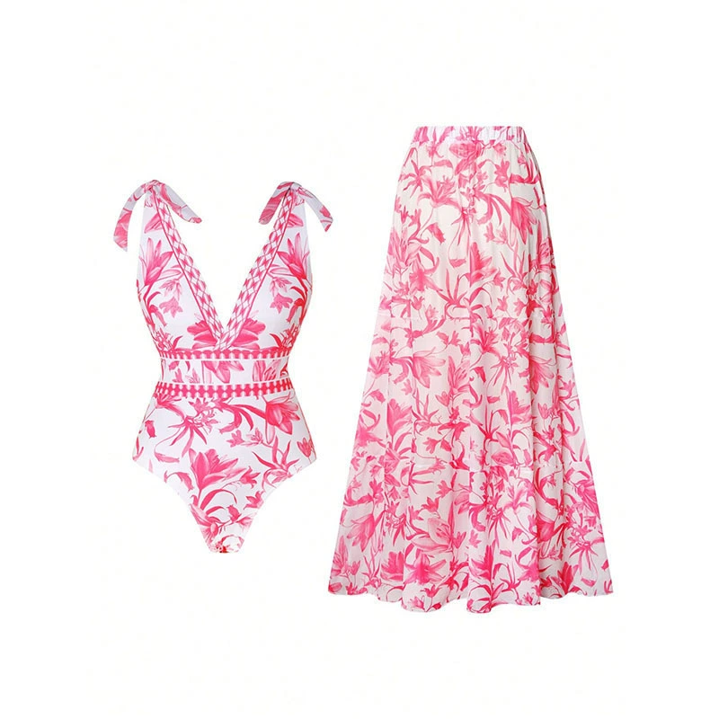 Women's V-Neck Tie-Strap One-Piece Swimsuit and Maxi Skirt Set view 5