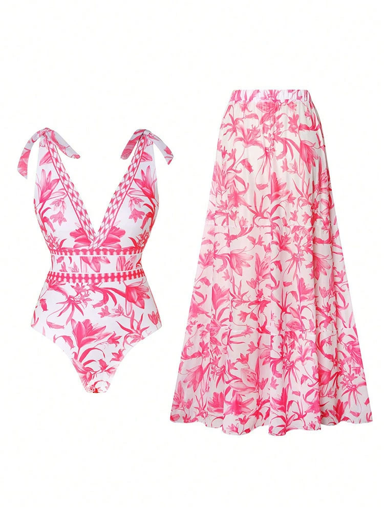 Women's V-Neck Tie-Strap One-Piece Swimsuit and Maxi Skirt Set view 6