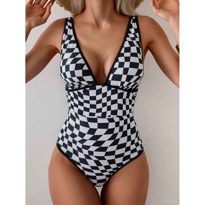 Women’s Deep V-Neck One-Piece Swimsuit with Adjustable Straps