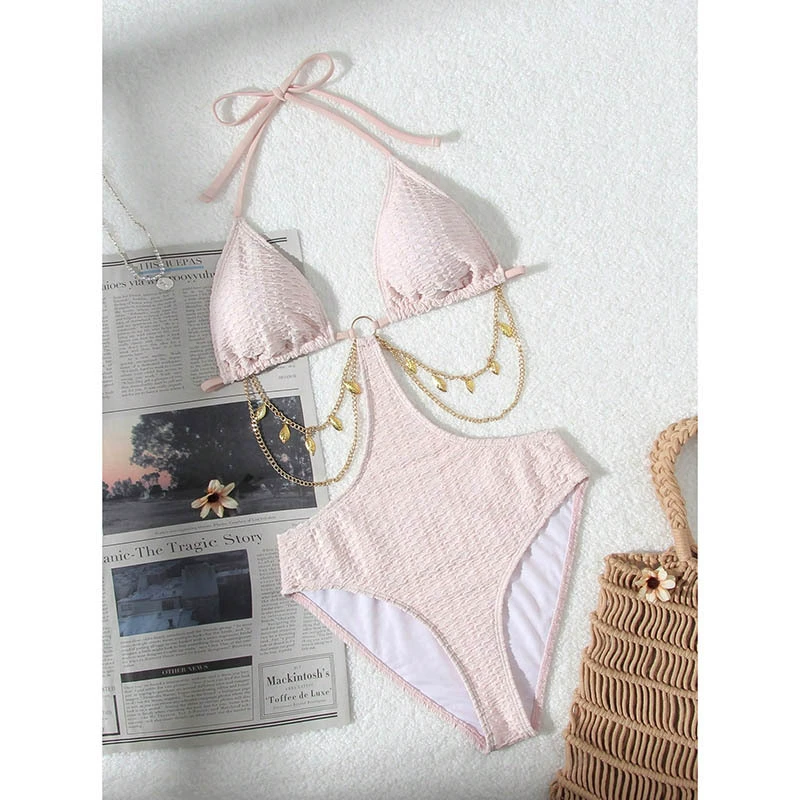 Women’s Halter Triangle Cutout Monokini with Chain Detail
