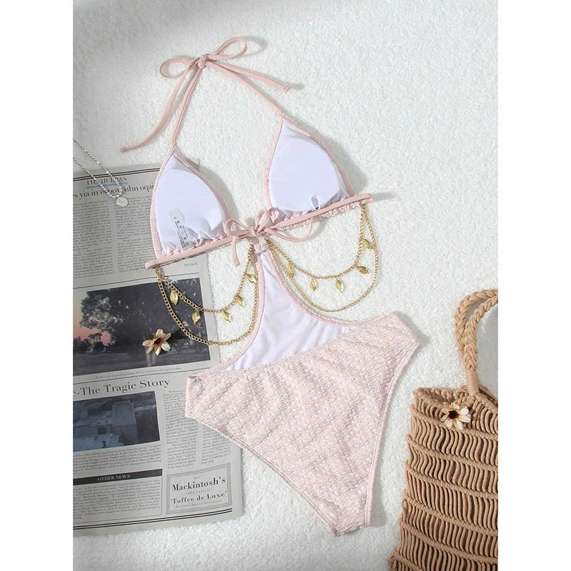 Women's Halter Triangle Cutout Monokini with Chain Detail view 3