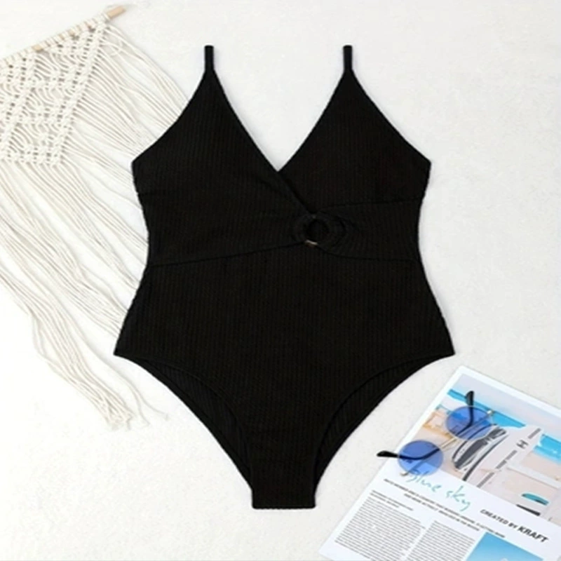 Women’s V-Neck Wrap One-Piece Swimsuit with Ring Detail