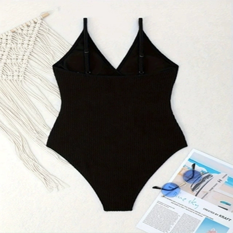 Women’s V-Neck Wrap One-Piece Swimsuit with Ring Detail