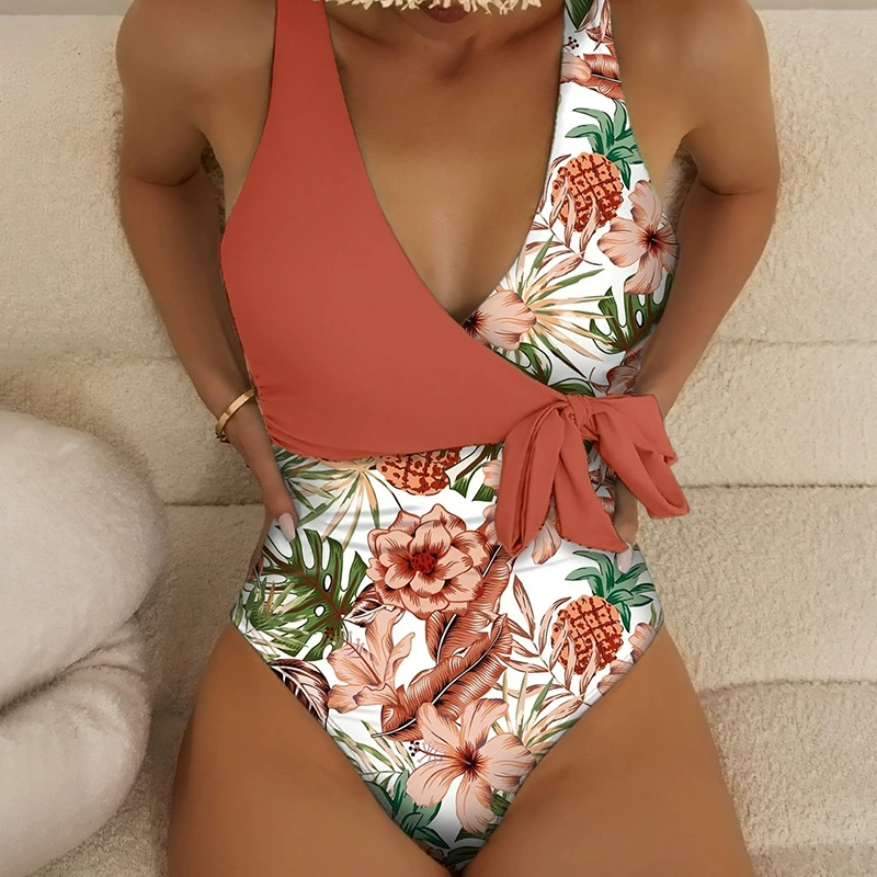 Women’s V-Neck Wrap One-Piece Swimsuit with Side Tie