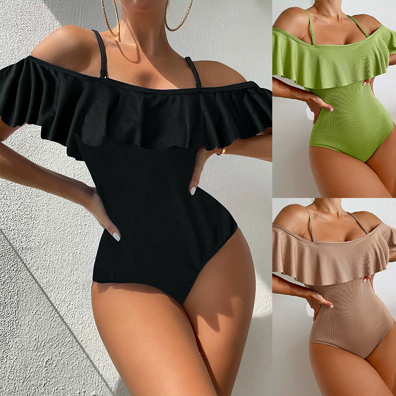 Women’s Off-Shoulder Ruffle One-Piece Swimsuit with Spaghetti Straps