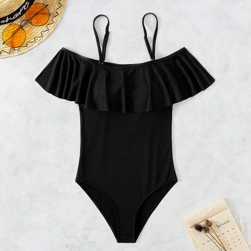 Women’s Off-Shoulder Ruffle One-Piece Swimsuit with Spaghetti Straps