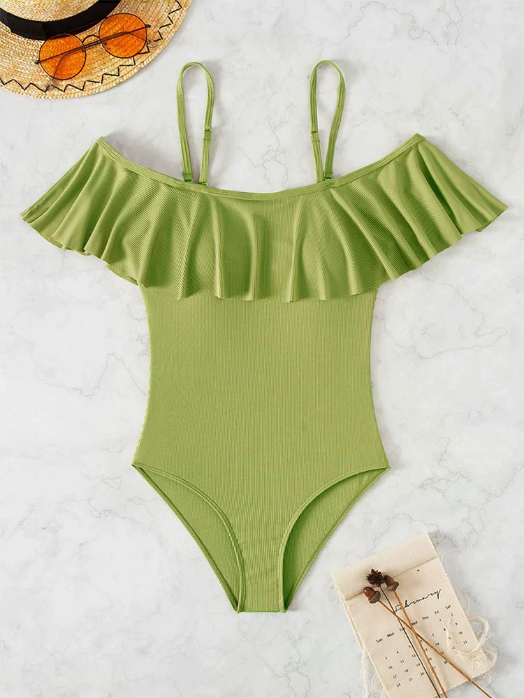 Women's Off-Shoulder Ruffle One-Piece Swimsuit with Spaghetti Straps view 6