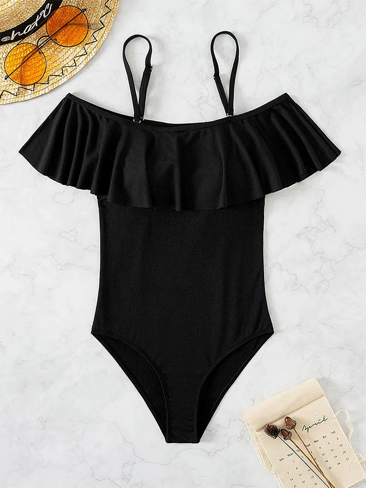 Women's Off-Shoulder Ruffle One-Piece Swimsuit with Spaghetti Straps view 7
