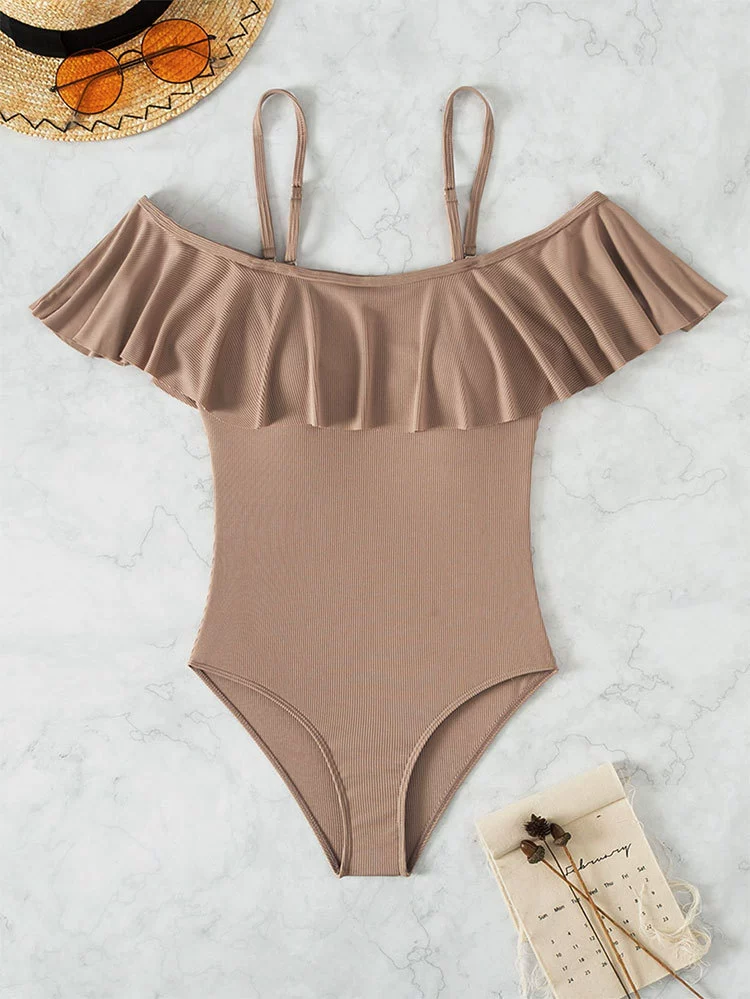 Women's Off-Shoulder Ruffle One-Piece Swimsuit with Spaghetti Straps view 8