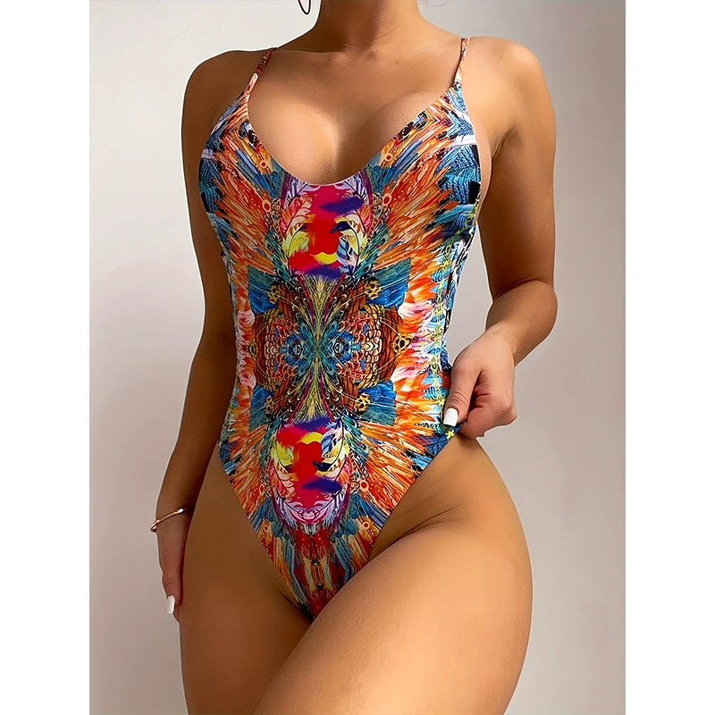 Women’s V-Neck One-Piece Swimsuit with Spaghetti Straps and Open Back