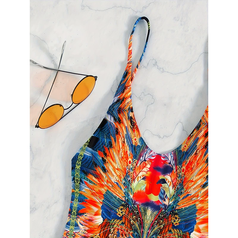 Women's V-Neck One-Piece Swimsuit with Spaghetti Straps and Open Back view 3