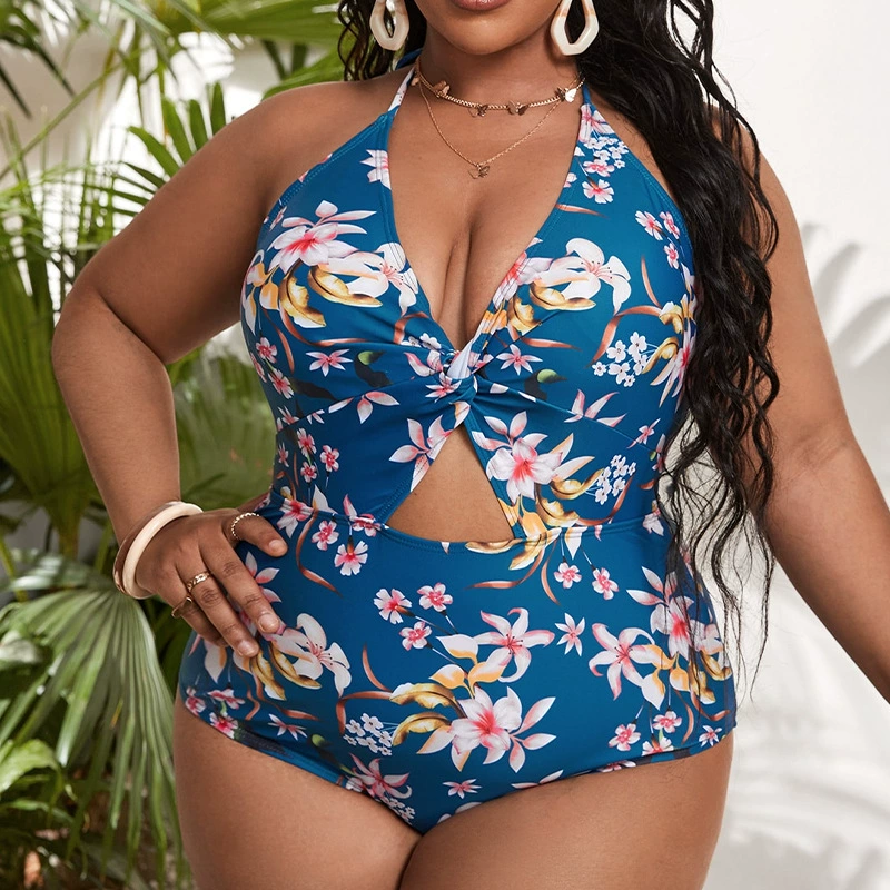 Plus Size Halter Neck One-Piece Swimsuit with Front Cutout