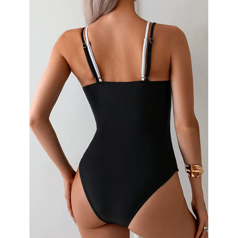 Women's Layered Plunge V-Neck Double Strap One-Piece Swimsuit view 4
