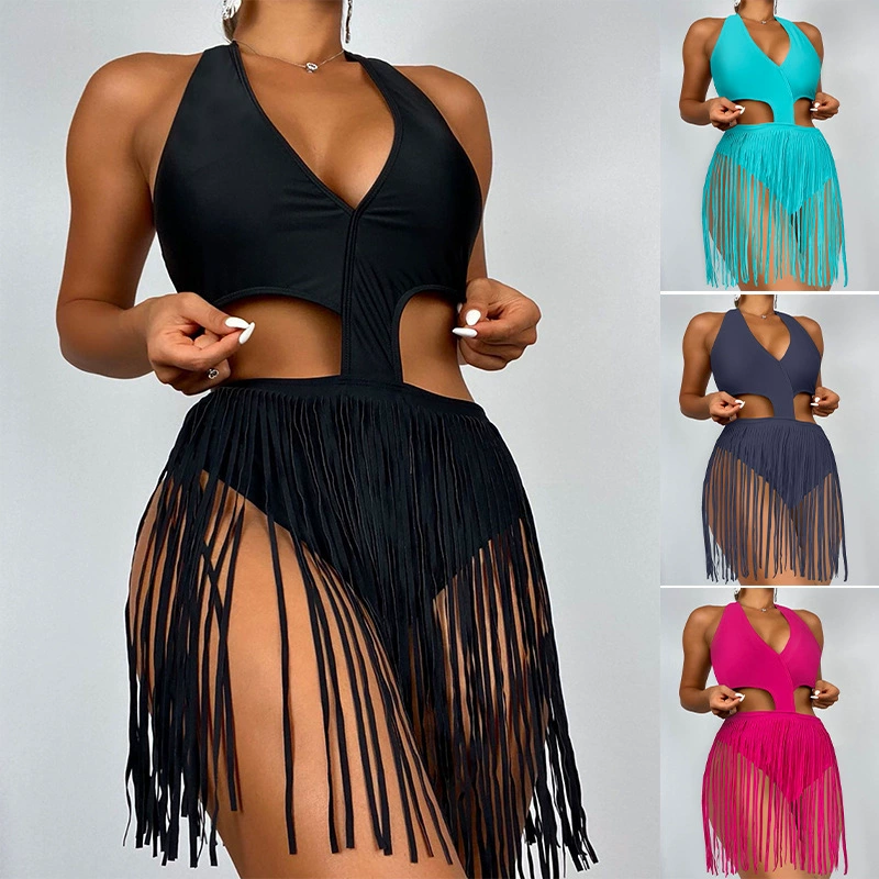 Women’s Halter Cut-Out One-Piece Swimsuit with Fringe Skirt