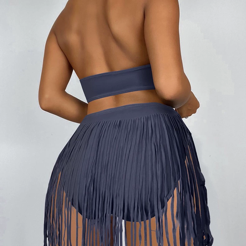 Women's Halter Cut-Out One-Piece Swimsuit with Fringe Skirt view 3