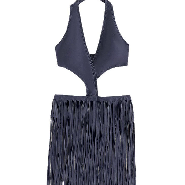 Women's Halter Cut-Out One-Piece Swimsuit with Fringe Skirt view 5