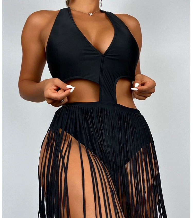 Women's Halter Cut-Out One-Piece Swimsuit with Fringe Skirt view 6