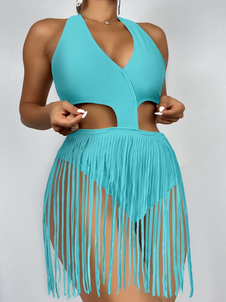 Women's Halter Cut-Out One-Piece Swimsuit with Fringe Skirt view 7