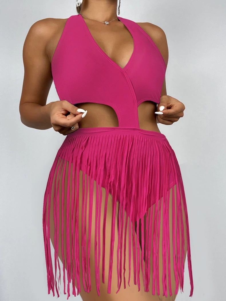 Women's Halter Cut-Out One-Piece Swimsuit with Fringe Skirt view 8