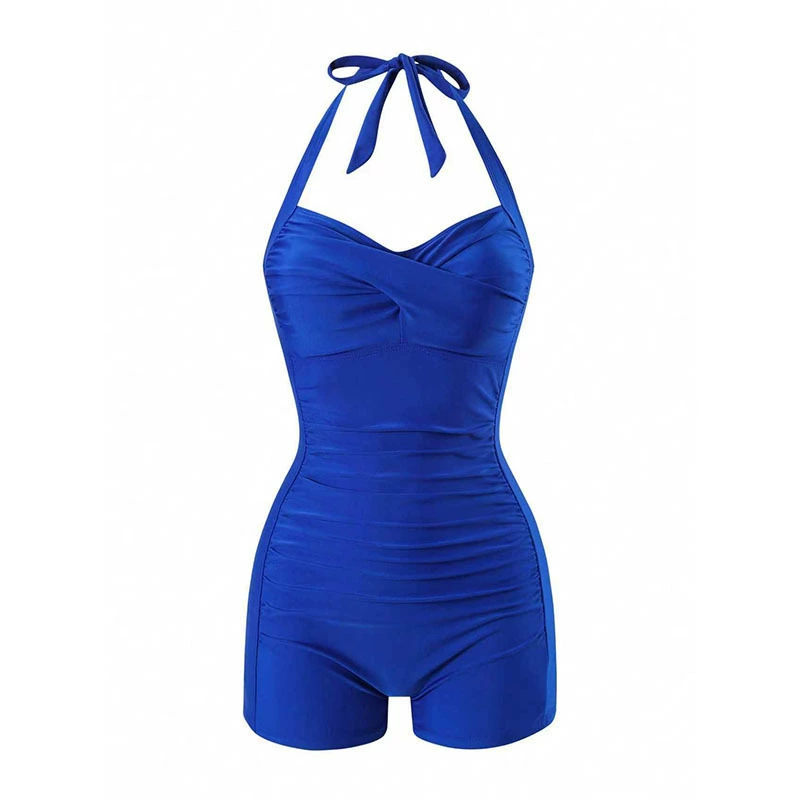 Women’s Halter Neck Ruched One Piece Swimsuit with Boyshorts