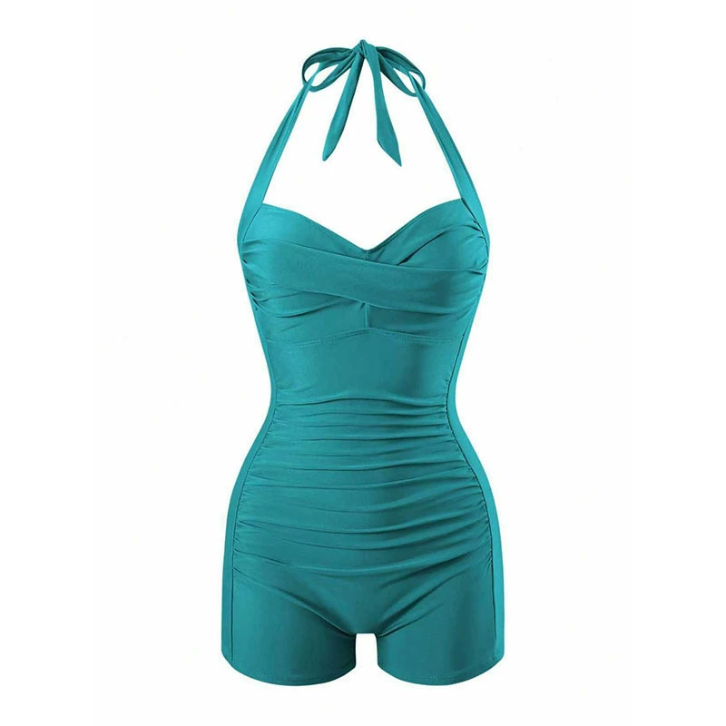 Women's Halter Neck Ruched One Piece Swimsuit with Boyshorts view 10