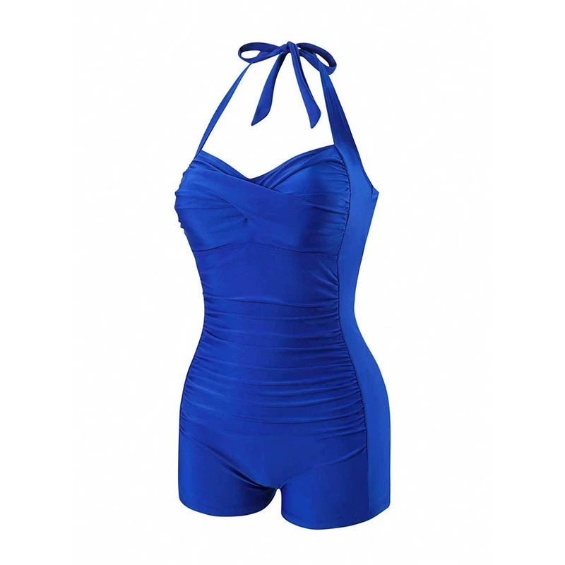 Women’s Halter Neck Ruched One Piece Swimsuit with Boyshorts