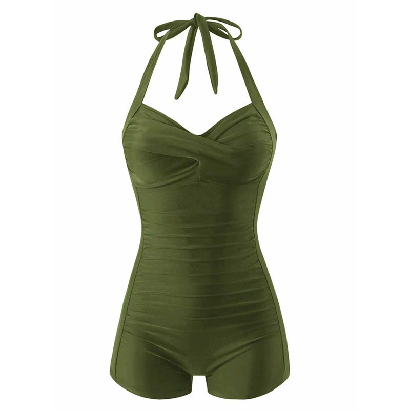 Women's Halter Neck Ruched One Piece Swimsuit with Boyshorts view 4