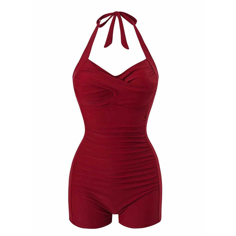 Women's Halter Neck Ruched One Piece Swimsuit with Boyshorts view 8