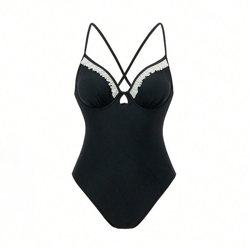 Women's Ruffle Trim One-Piece Swimsuit with Keyhole and Cross Back view 5