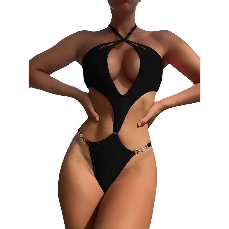 Women's Cross Halter Keyhole Cutout Monokini with Pearl Chain Links view 5