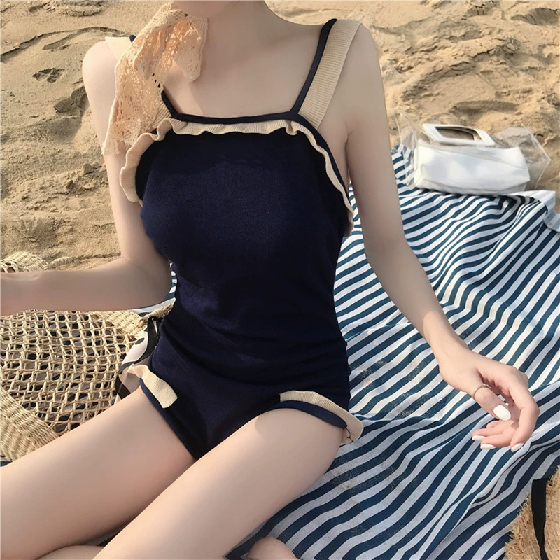 Women's Square Neck Open Back Ruffle Trim One-Piece Swimsuit view 3