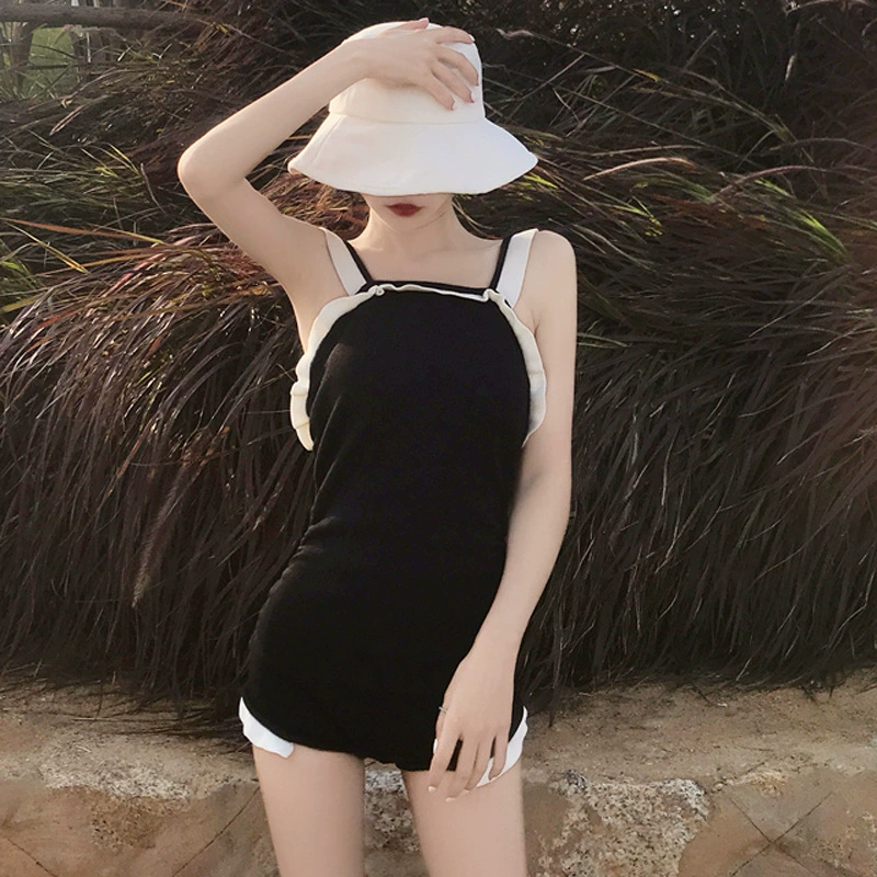 Women's Square Neck Open Back Ruffle Trim One-Piece Swimsuit view 4