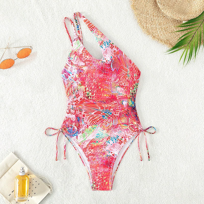 Women's One-Shoulder Cutout One-Piece Swimsuit with Side Ties view 3