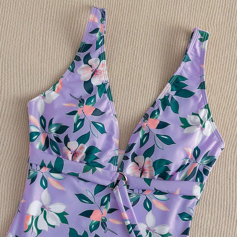 Women's Deep V-Neck One-Piece Swimsuit with Ring Tie Waist view 3