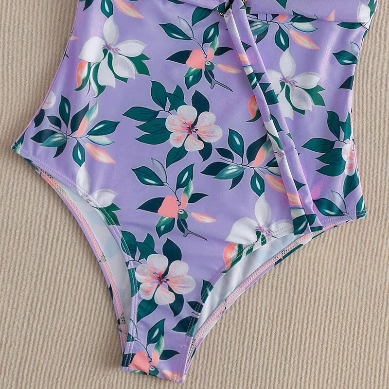 Women's Deep V-Neck One-Piece Swimsuit with Ring Tie Waist view 4