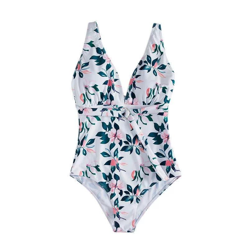 Women's Deep V-Neck One-Piece Swimsuit with Ring Tie Waist view 5
