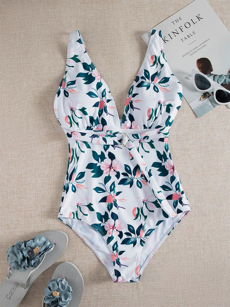 Women's Deep V-Neck One-Piece Swimsuit with Ring Tie Waist view 7