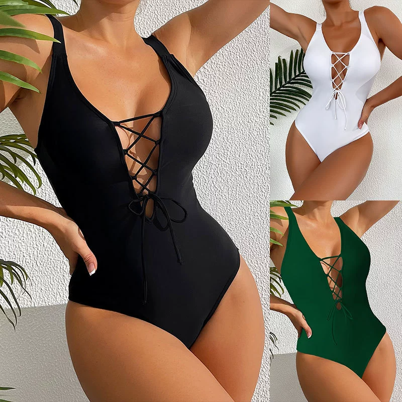 Women's Lace-Up Plunge One-Piece Swimsuit with Adjustable Straps