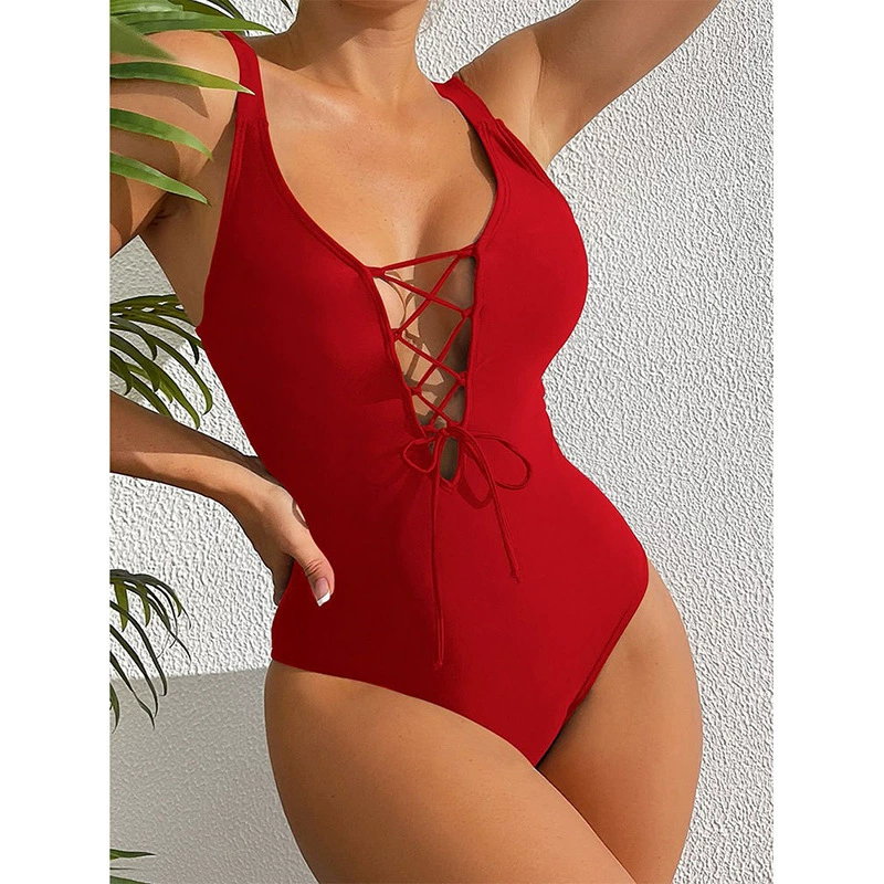 Women's Lace-Up Plunge One-Piece Swimsuit with Adjustable Straps view 2