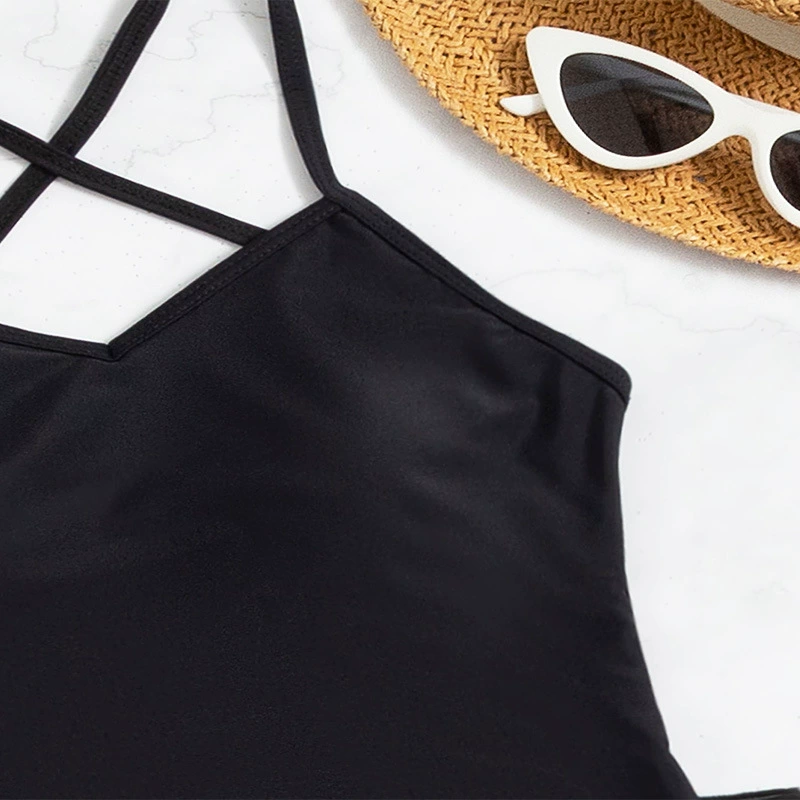 Women's Cross Strap Open Back One-Piece Swimsuit with Sheer Wrap Skirt view 4