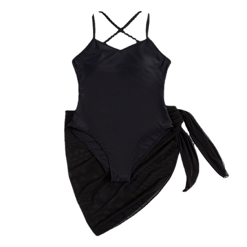 Women's Cross Strap Open Back One-Piece Swimsuit with Sheer Wrap Skirt view 5