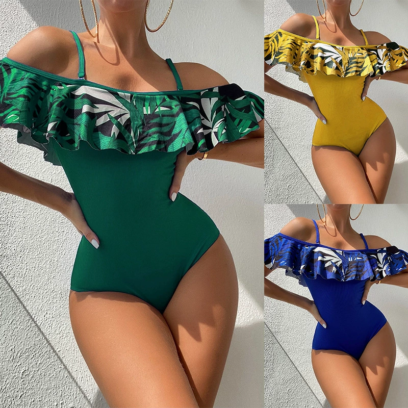 Women's Off-Shoulder Ruffle One-Piece Swimsuit with Spaghetti Straps
