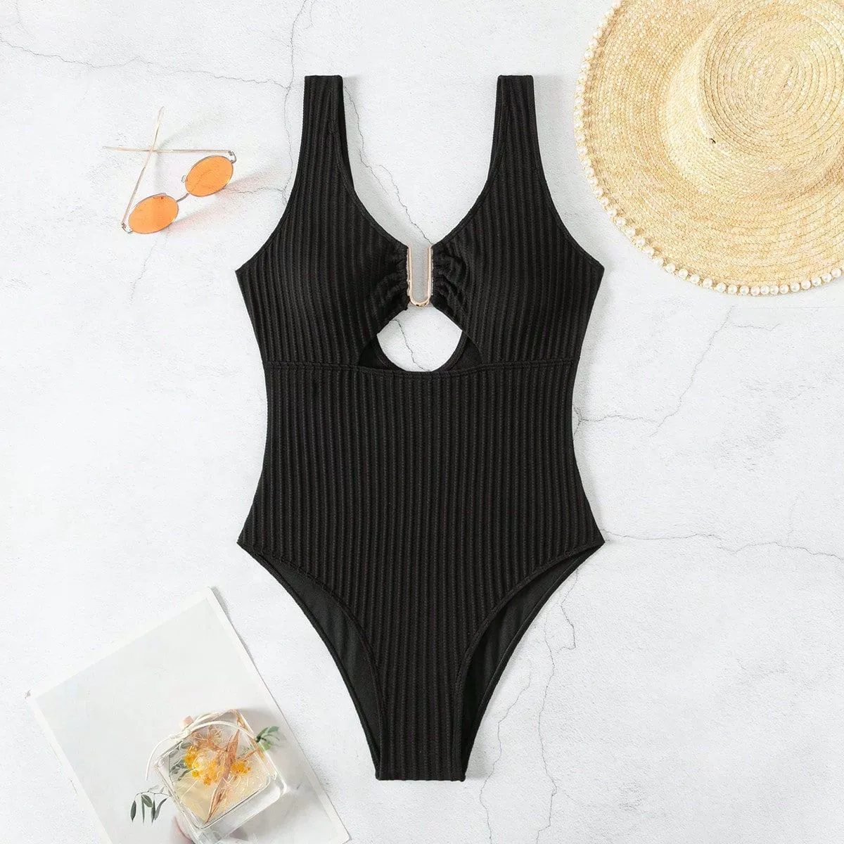 Women’s Plunge Neck Keyhole Cutout One-Piece Swimsuit with Metal Ring Accent