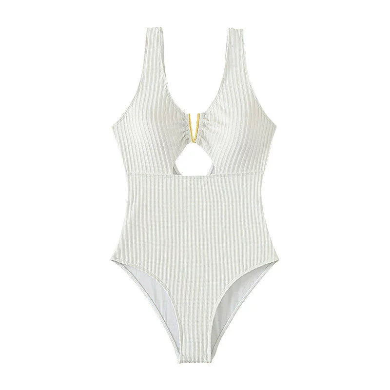 Women's Plunge Neck Keyhole Cutout One-Piece Swimsuit with Metal Ring Accent view 5