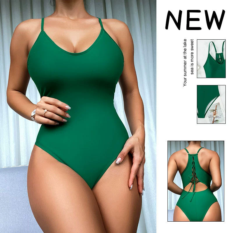 Women's V-Neck Lace-Up Open Back One-Piece Swimsuit